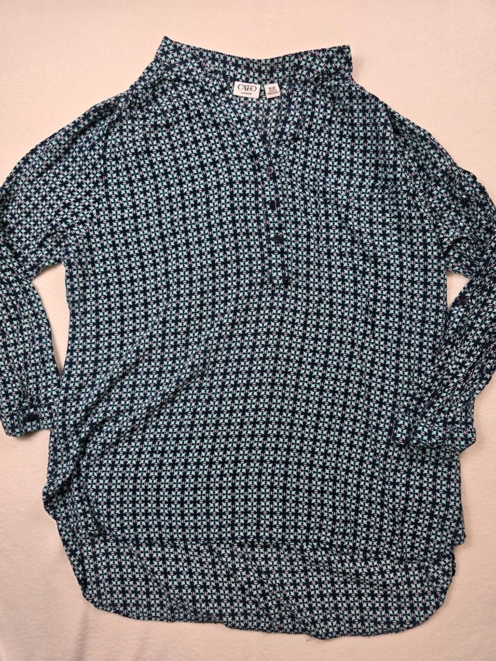 Cato 18/20 Blue & Green Geometric Print Long Sleeve Boho Tunic Top